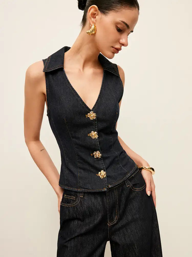 Floral Button-Detail Denim Vest with Collar