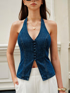 Halter Neck Denim Top with Button Details