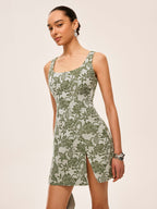Square Neck Dress with Floral Print and Side Slit