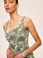 Square Neck Dress with Floral Print and Side Slit