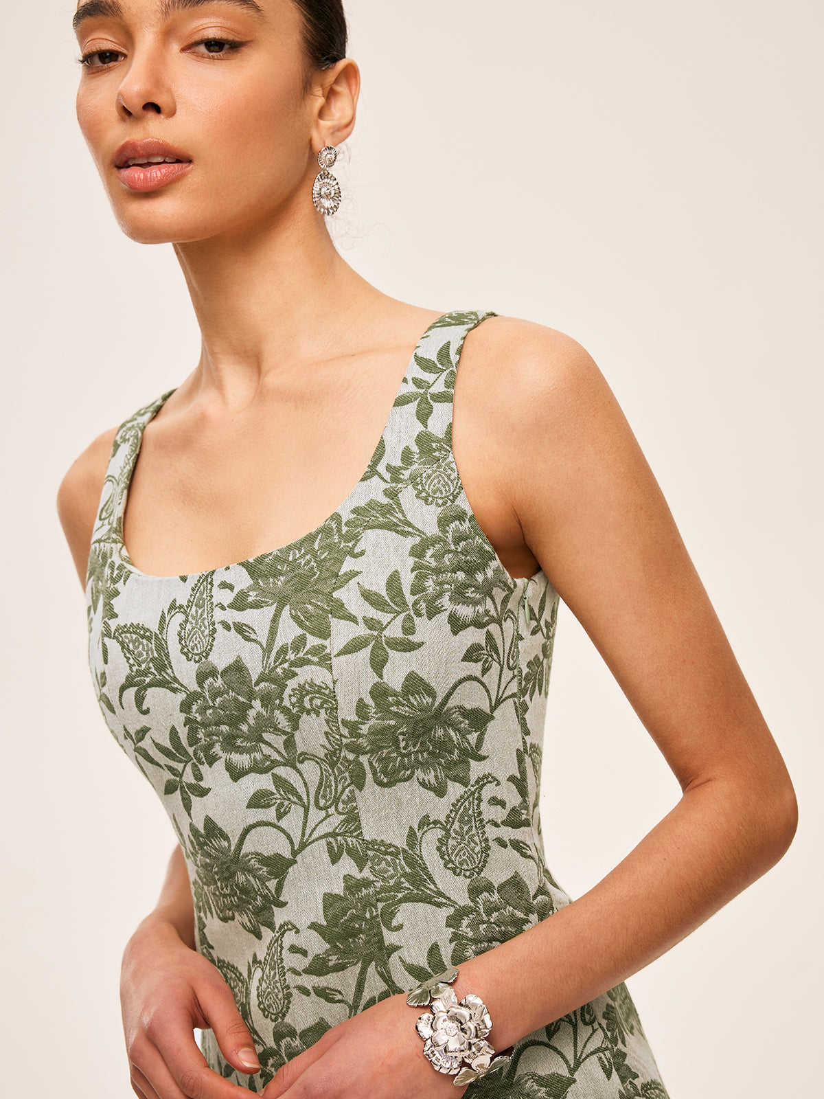 Square Neck Dress with Floral Print and Side Slit