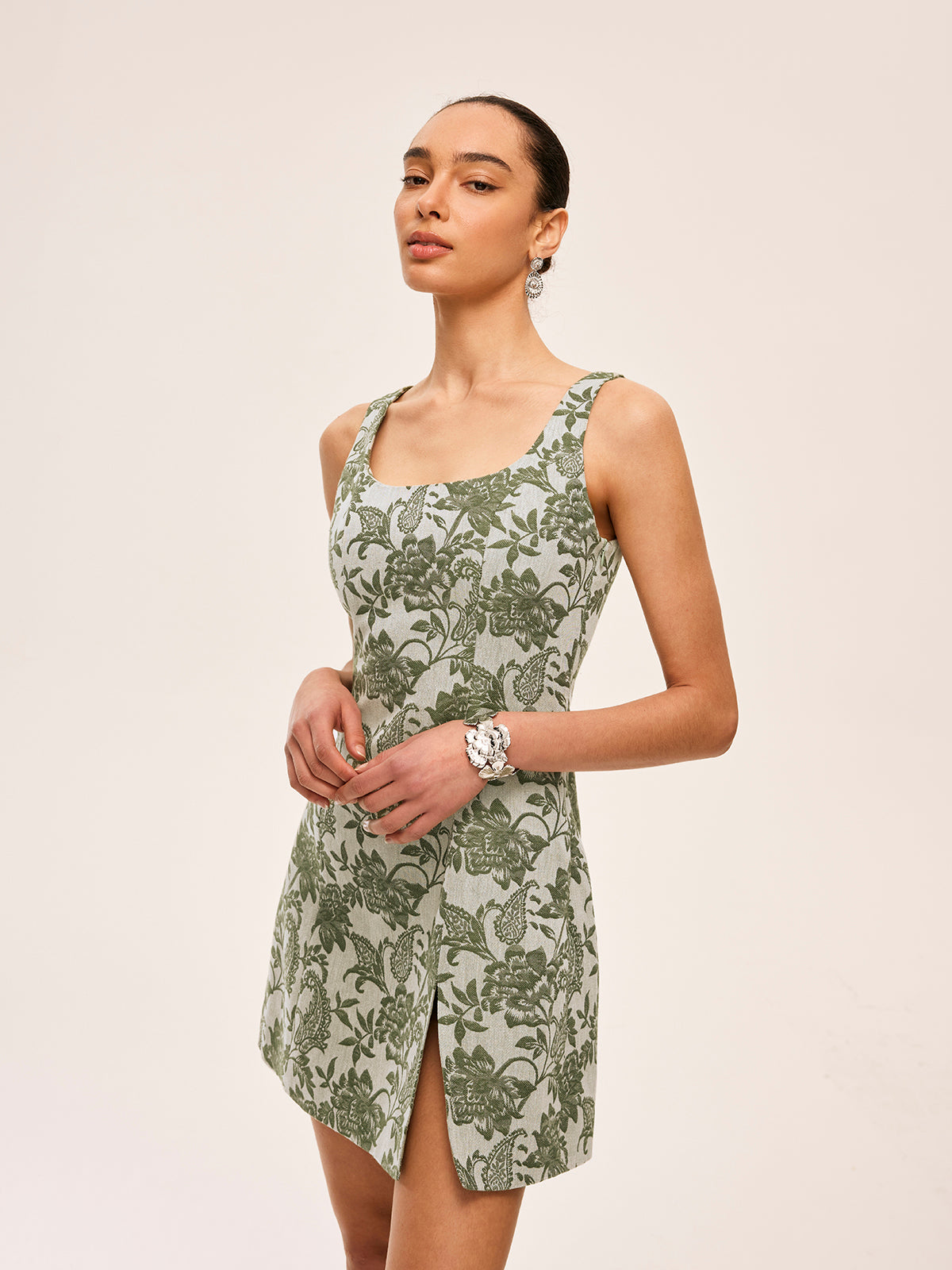 Square Neck Dress with Floral Print and Side Slit