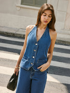 Denim Halter Vest with Adjustable Back Tie