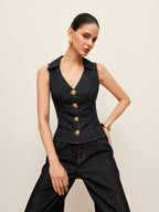 Floral Button-Detail Denim Vest with Collar