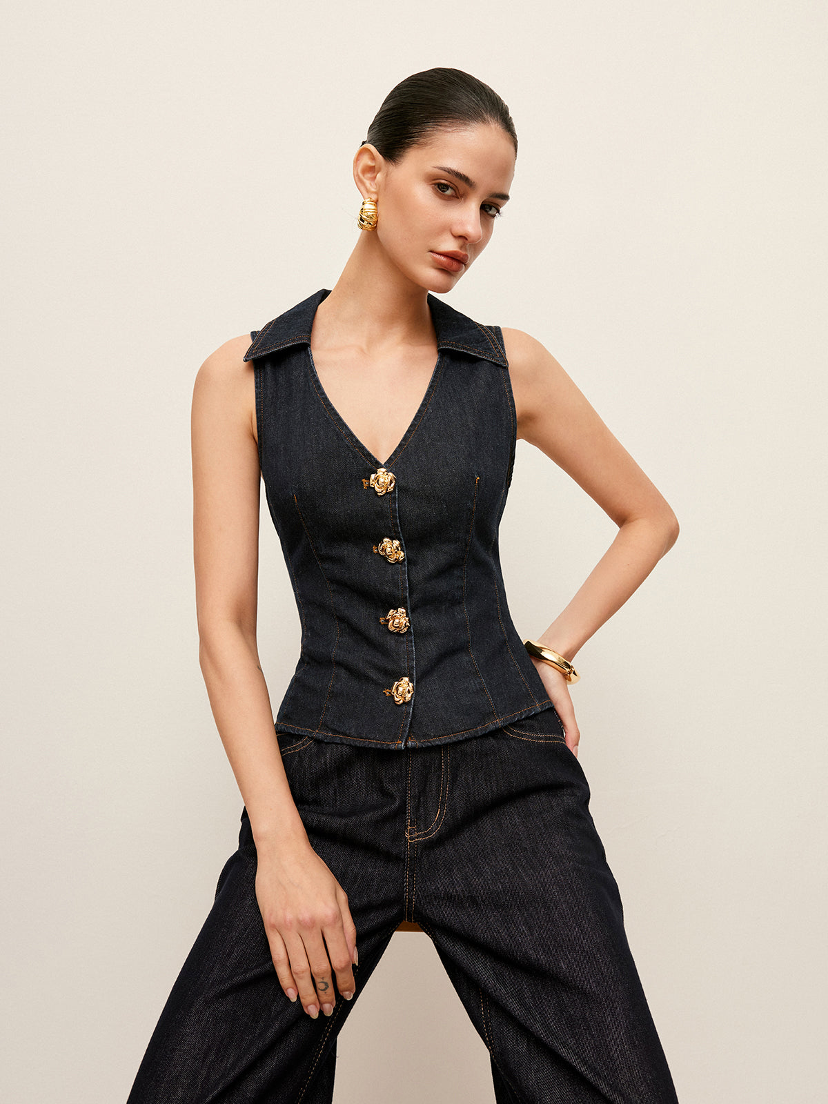 Floral Button-Detail Denim Vest with Collar