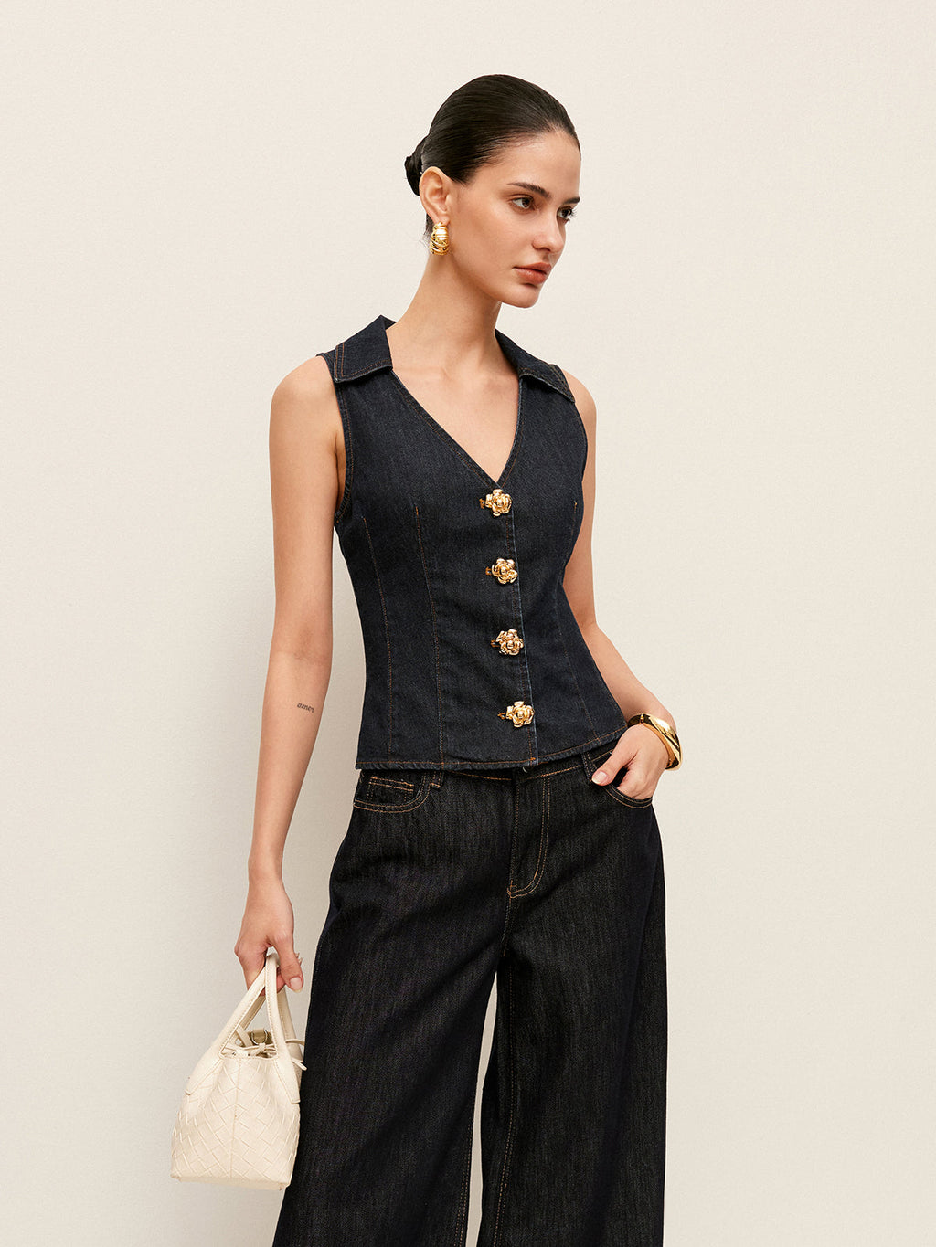 Floral Button-Detail Denim Vest with Collar