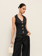 Floral Button-Detail Denim Vest with Collar
