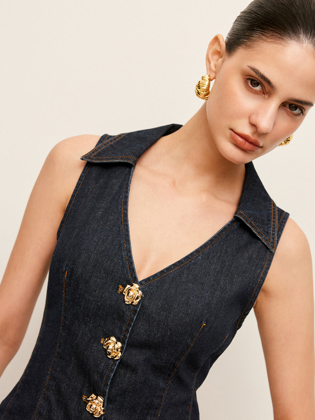 Floral Button-Detail Denim Vest with Collar