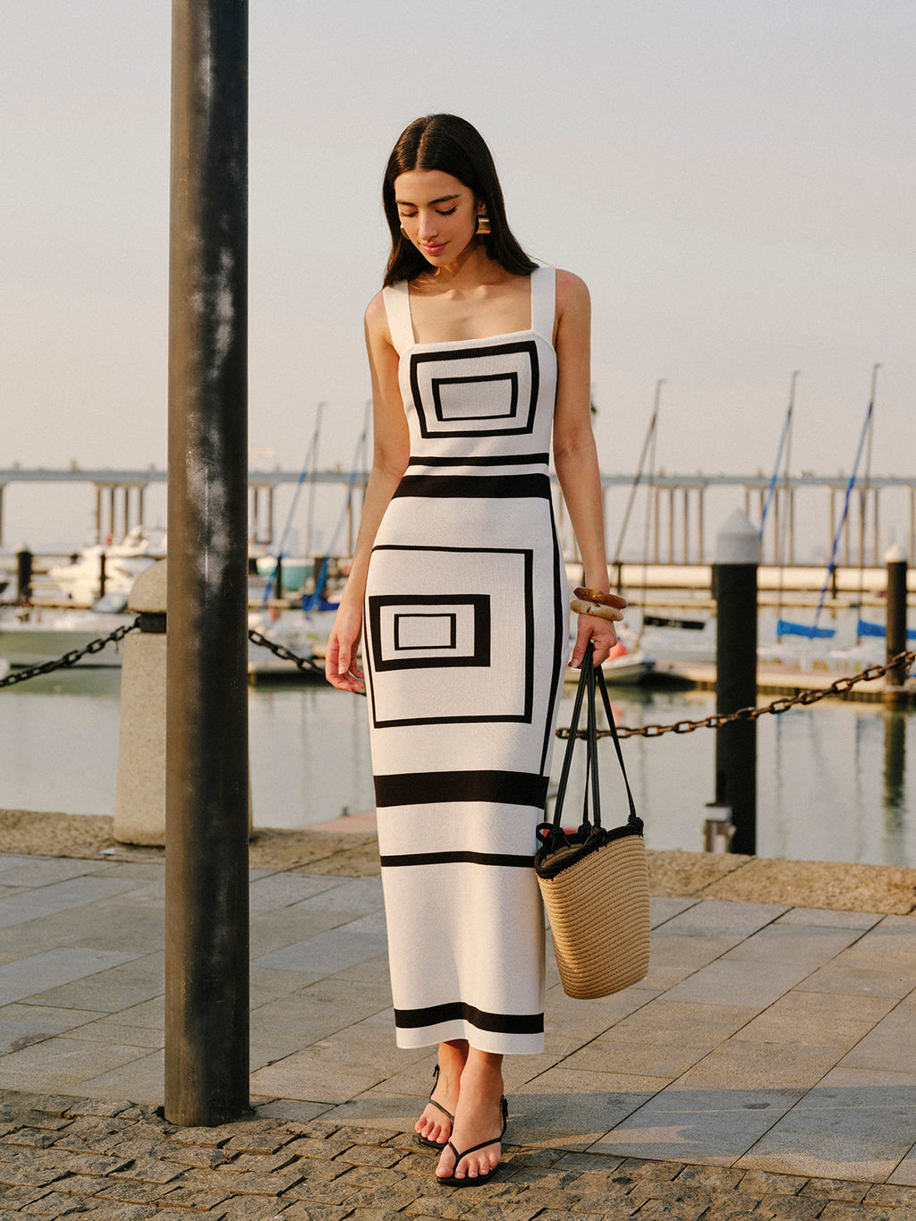 Squared Neckline Sweater Dress with Geometric Panel Design