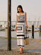 Squared Neckline Sweater Dress with Geometric Panel Design