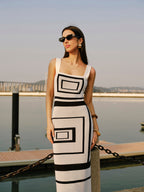 Square Neck Sweater Dress with Geometric Panel Design