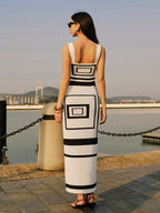 Squared Neckline Sweater Dress with Geometric Panel Design