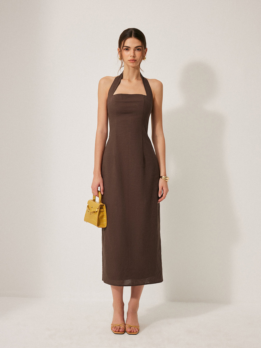 Cotton and Linen Halter Dress with Backless Design