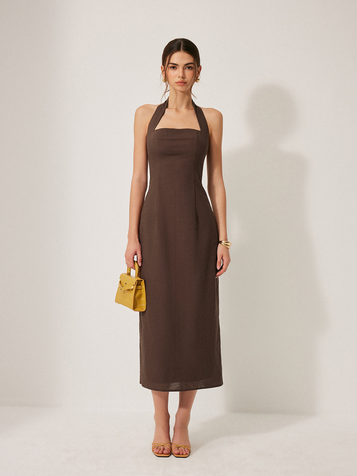 Cotton and Linen Halter Dress with Backless Design