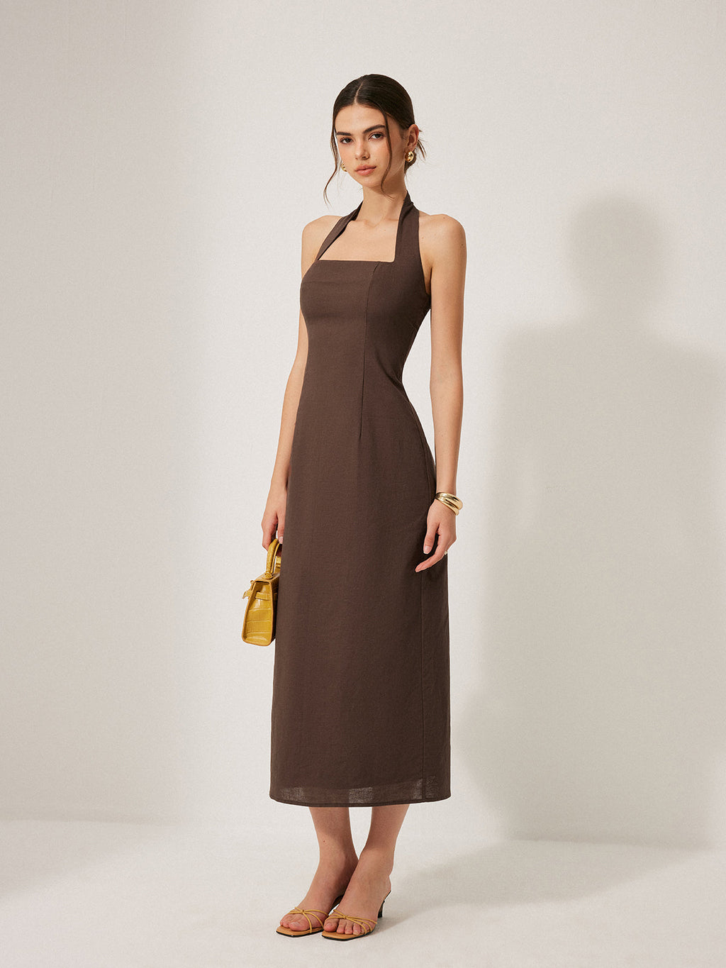 Cotton Linen Halter Dress with Backless Split Design