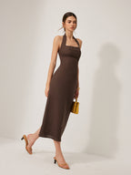 Cotton and Linen Halter Dress with Backless Design