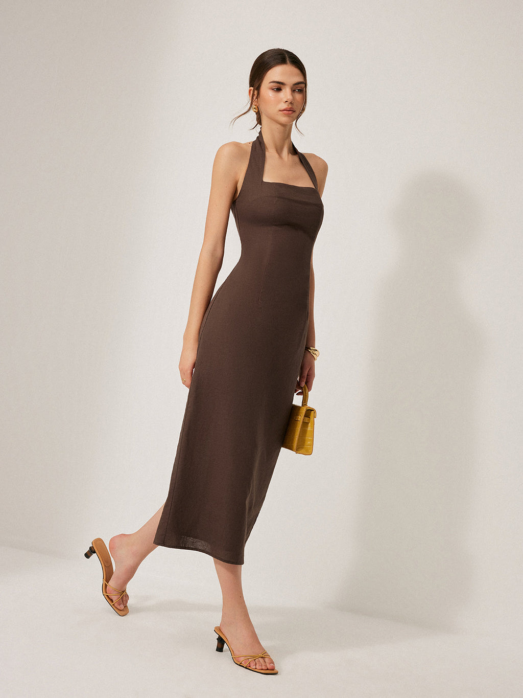 Cotton and Linen Halter Dress with Backless Split