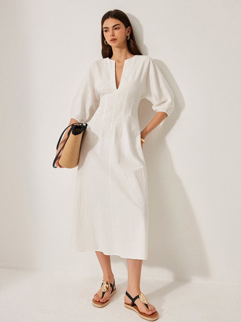 Cotton and Linen Dress with Puff Sleeves