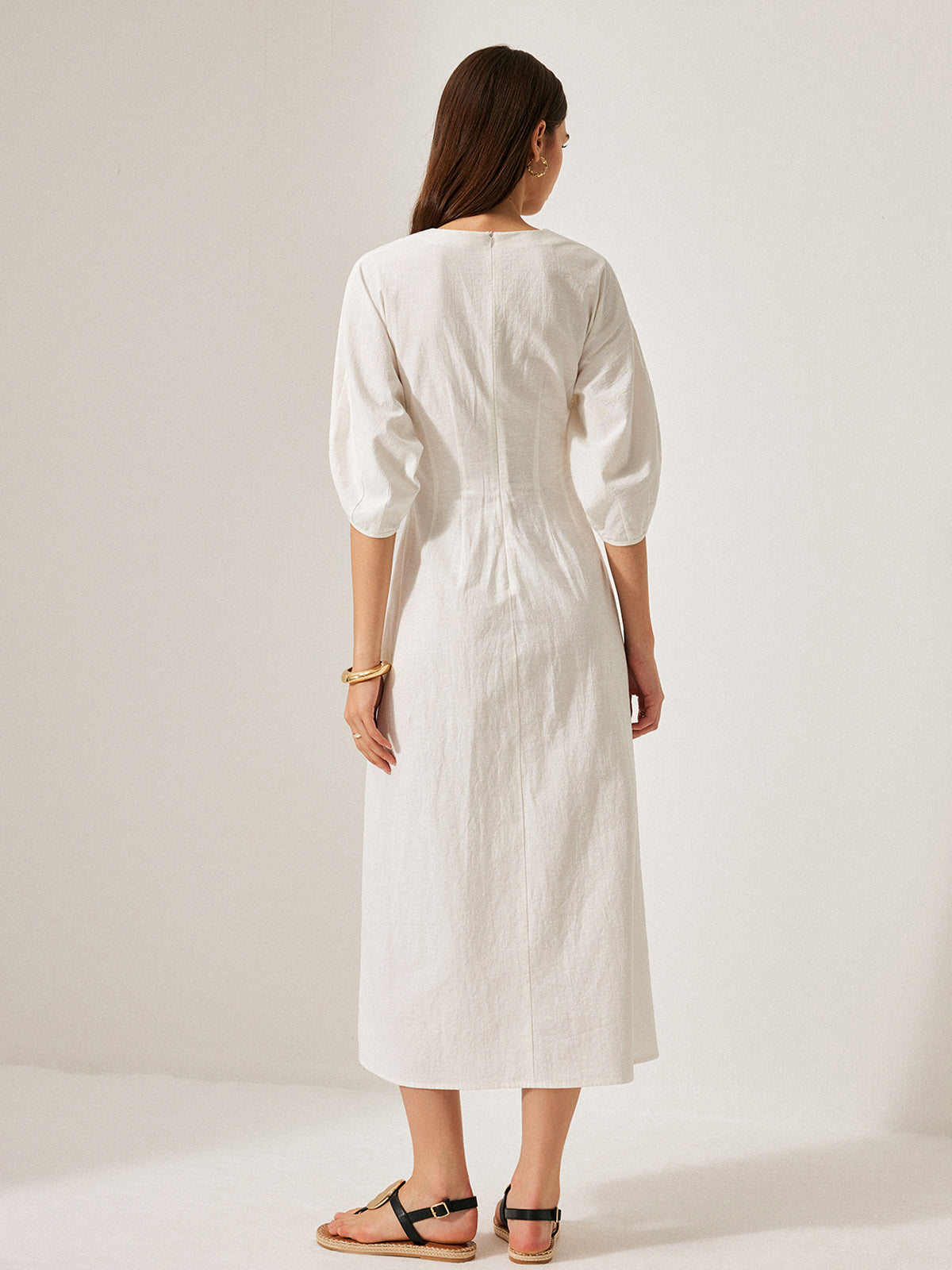 Cotton and Linen Dress with Puff Sleeves