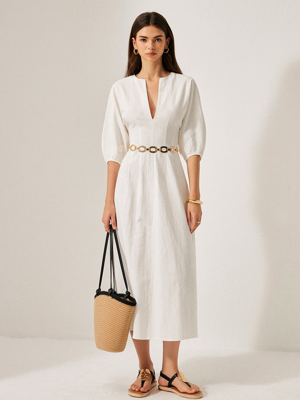 Cotton and Linen Dress with Puff Sleeves