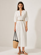 Cotton and Linen Dress with Puff Sleeves