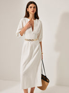 Cotton and Linen Dress with Puff Sleeves