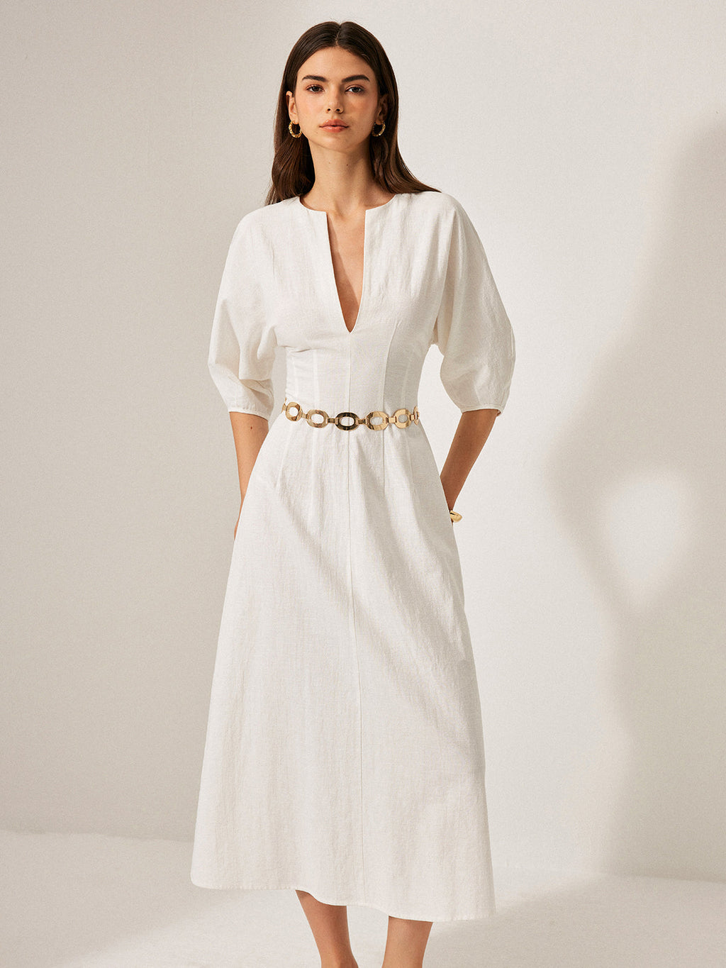 Cotton and Linen Dress with Puff Sleeves