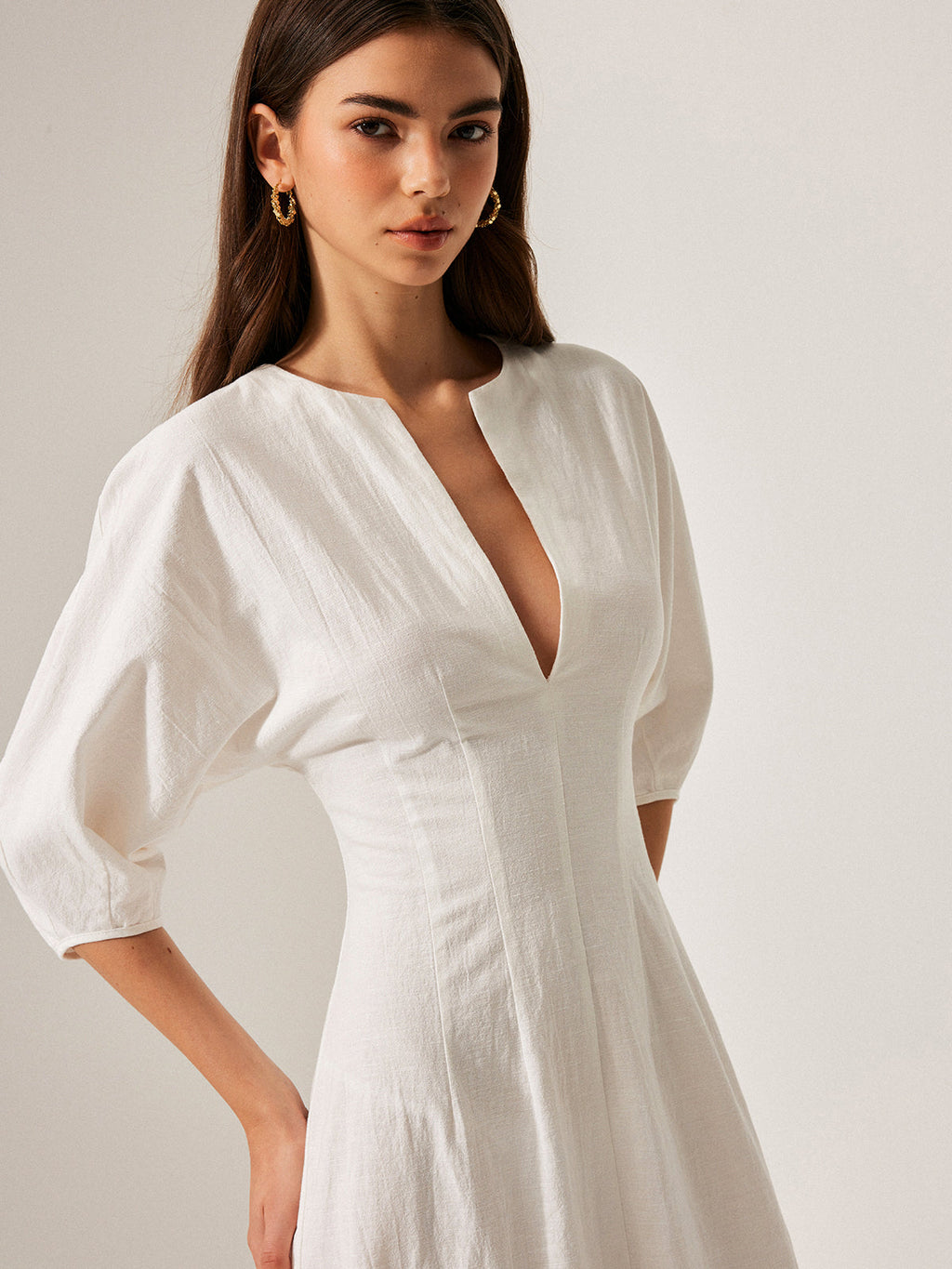 Cotton and Linen Dress with Puff Sleeves