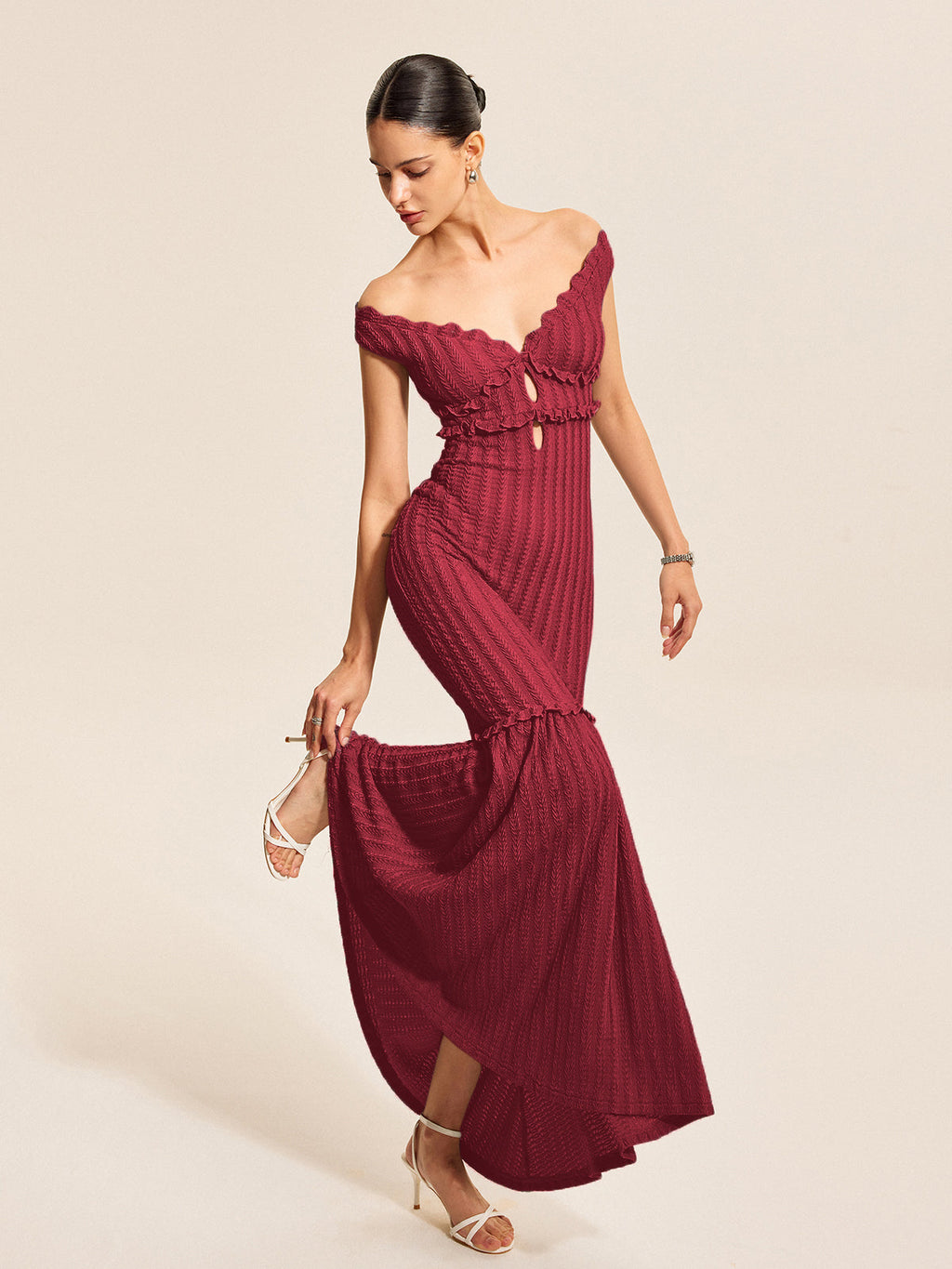 Ruffled Off-Shoulder Dress with Elegant Detailing