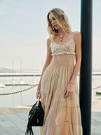 Semi-Sheer Embroidered Bustier Dress with Tiered Design