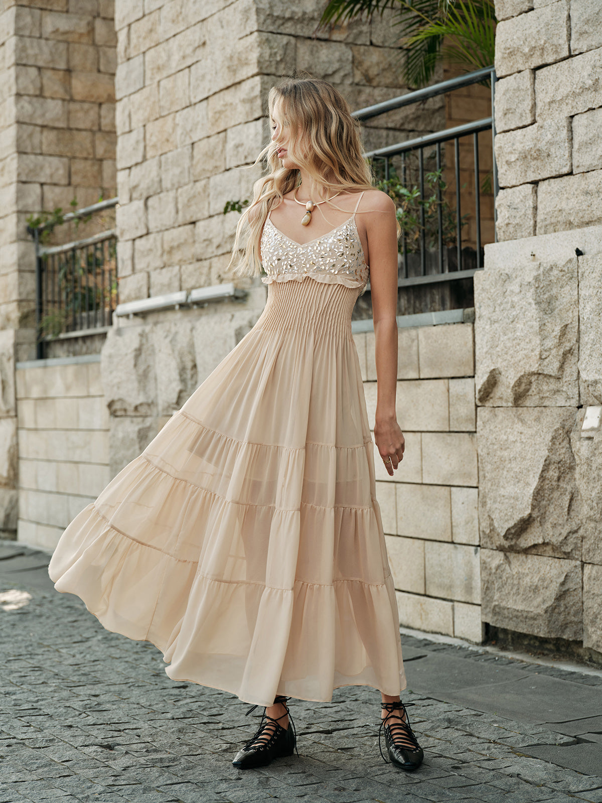 Semi-Sheer Embroidered Bustier Dress with Tiered Design