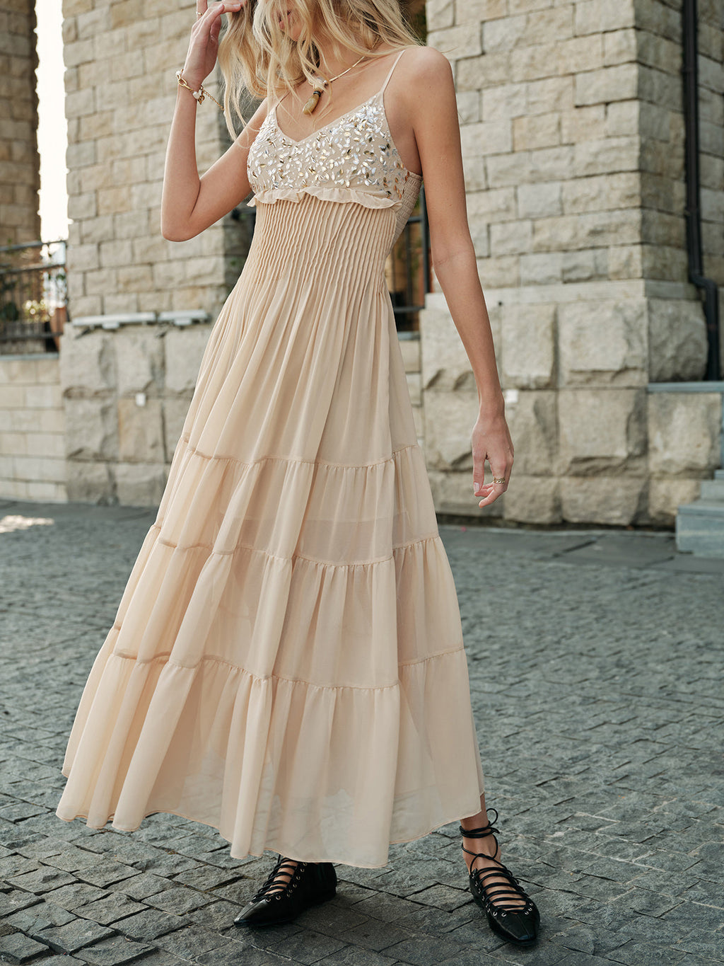 Semi-Sheer Embroidered Bustier Dress with Tiered Design