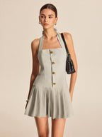 Zip-Up Pleated Short Dress with Metallic Tie Neck
