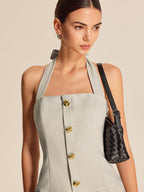 Zip-Up Pleated Short Dress with Metallic Tie Neck