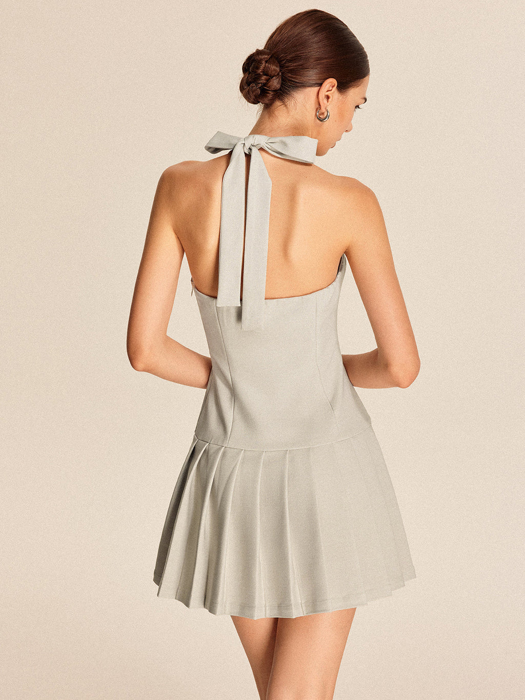 Zip-Up Pleated Short Dress with Metallic Tie Neck