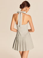 Zip-Up Pleated Short Dress with Metallic Tie Neck