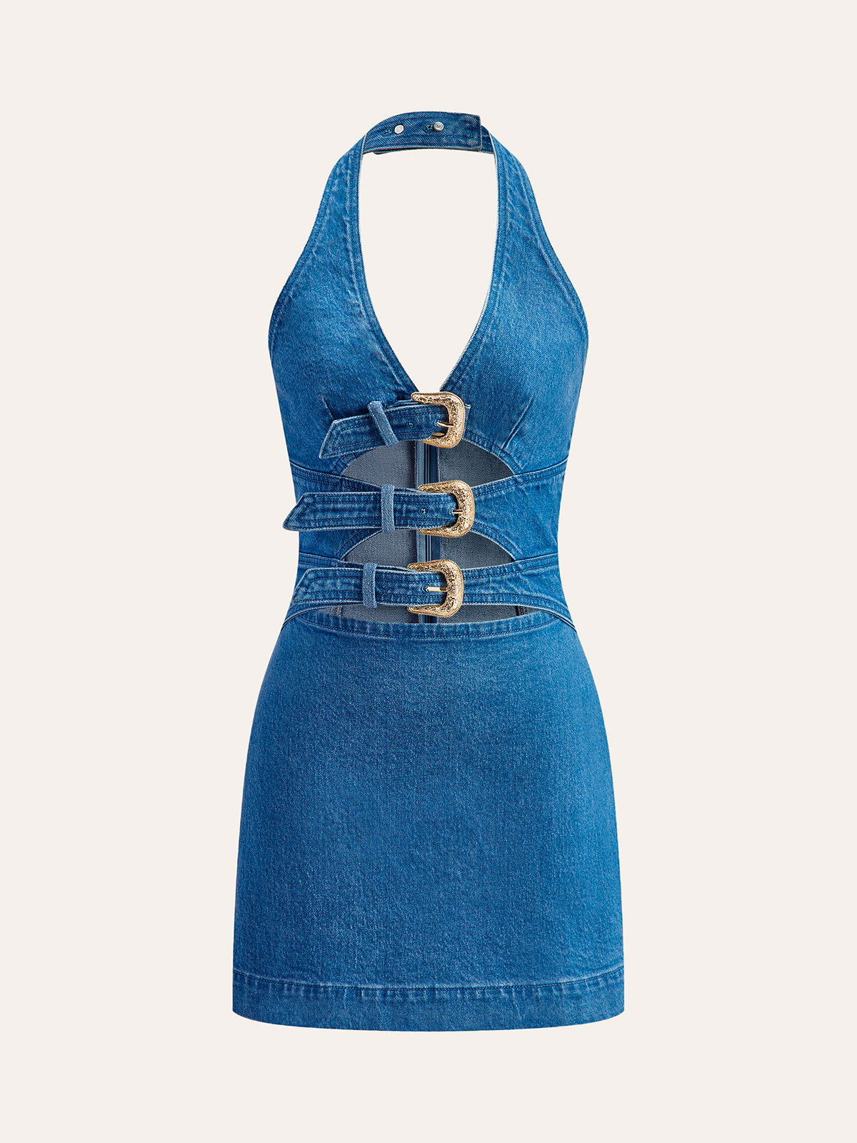 Halter Neck Dress with Buckle Details in Denim