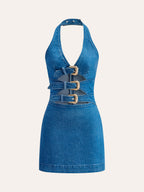 Halter Neck Dress with Buckle Accents in Denim