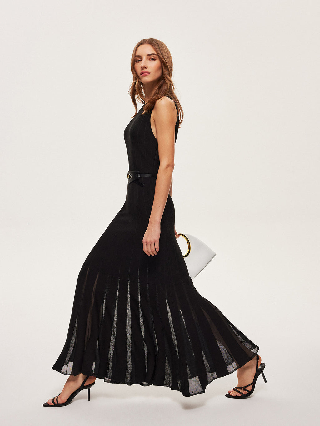 Semi-Sheer Mesh Dress with Flared Skirt, Beltless