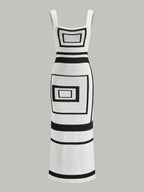 Square Neck Sweater Dress with Geometric Panel Design