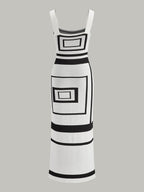 Squared Neckline Sweater Dress with Geometric Panel Design
