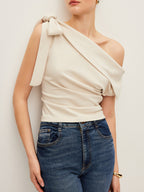 One-Shoulder Blouse Featuring Elegant Bow Detail