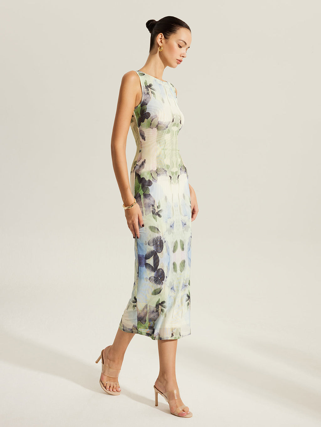 Floral Sleeveless Dress with Elegant Mesh Detailing