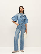 Denim Top with Puff Sleeves and Bow Accent