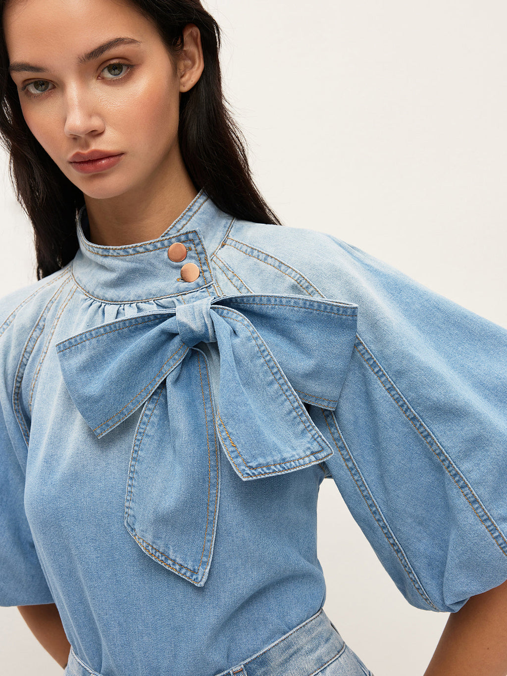 Denim Top with Puff Sleeves and Bow Accent