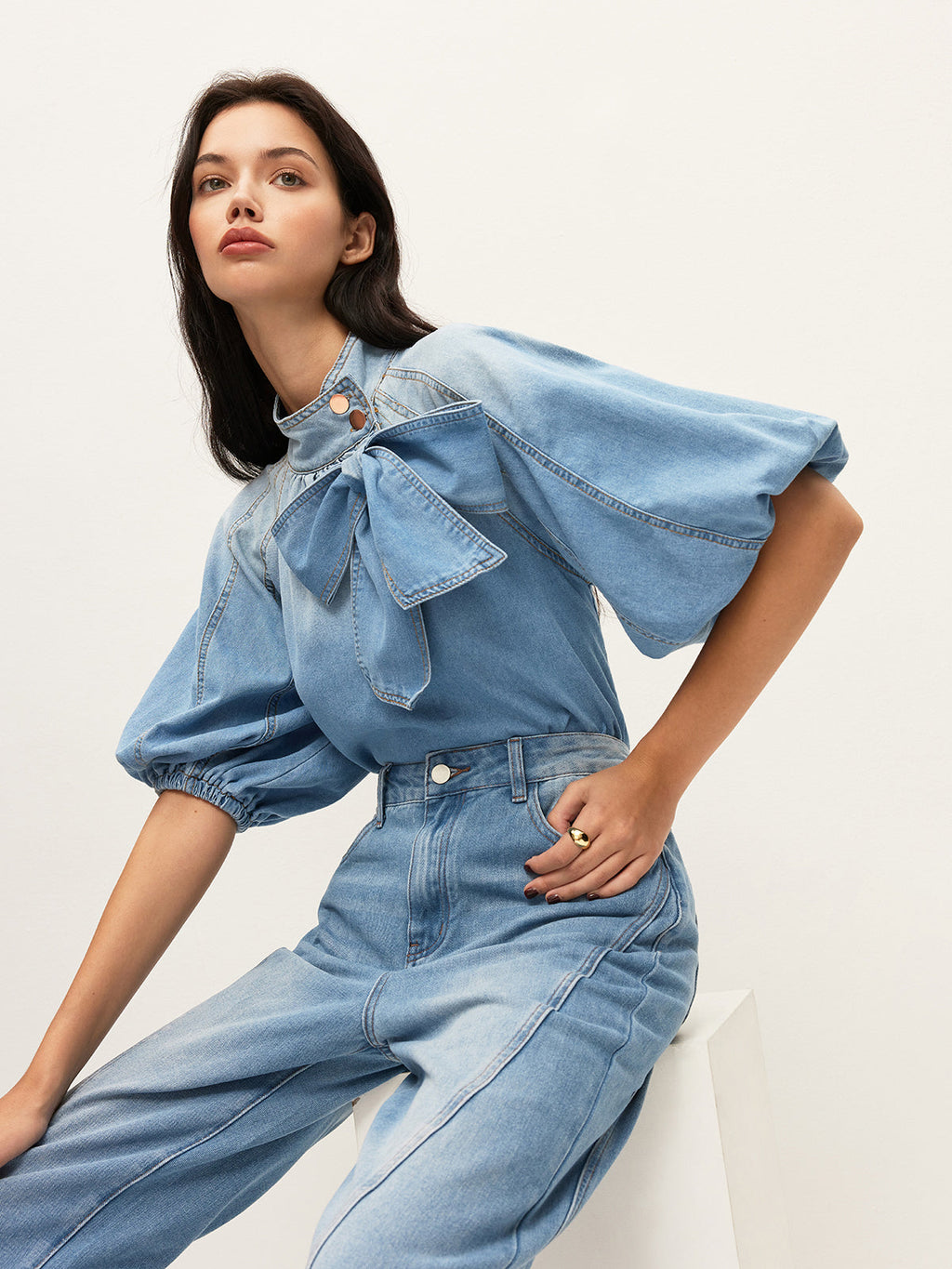 Denim Top with Puff Sleeves and Bow Accent