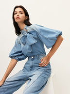 Denim Top with Puff Sleeves and Bow Accent