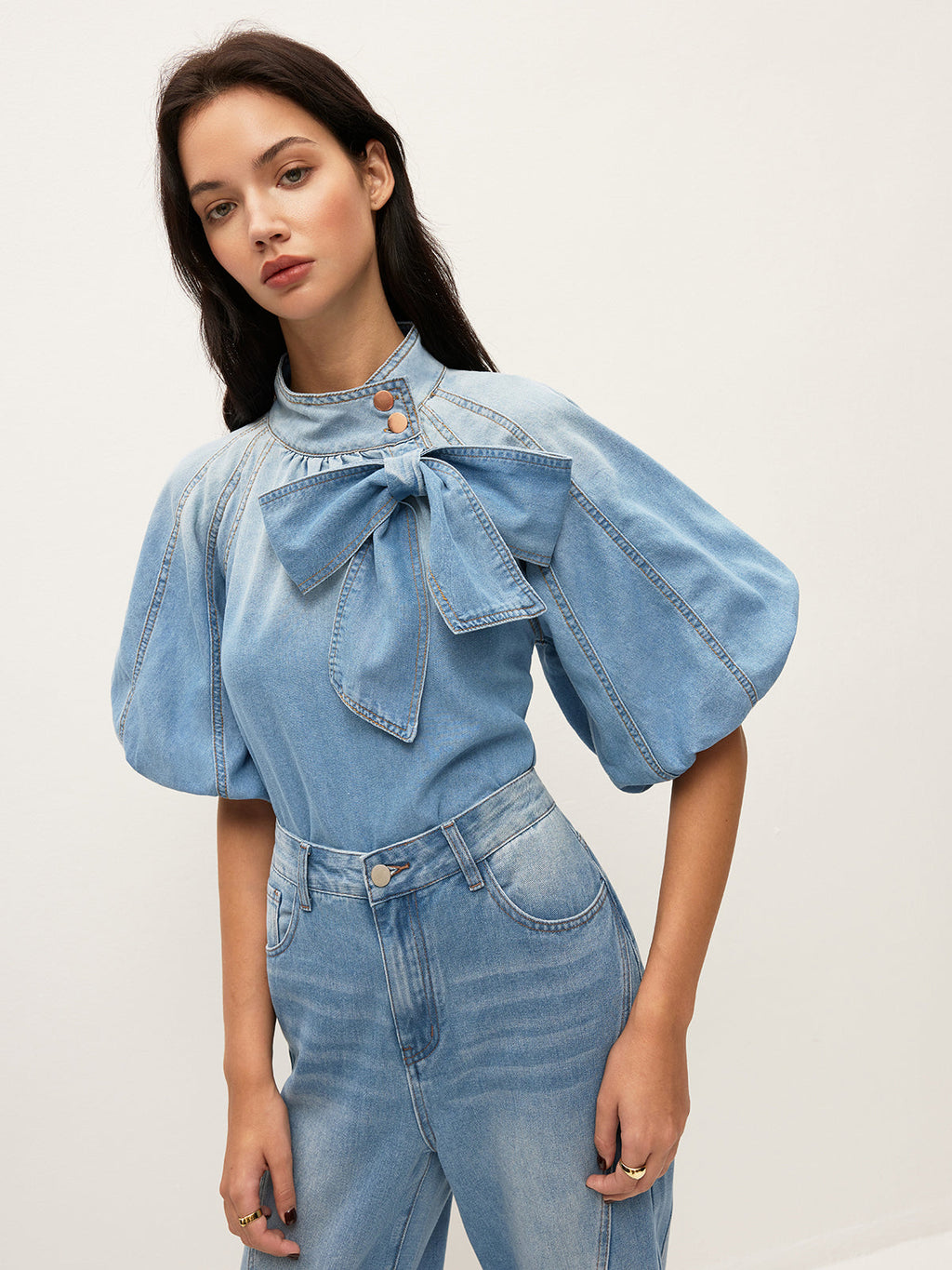 Denim Top with Puff Sleeves and Bow Accent