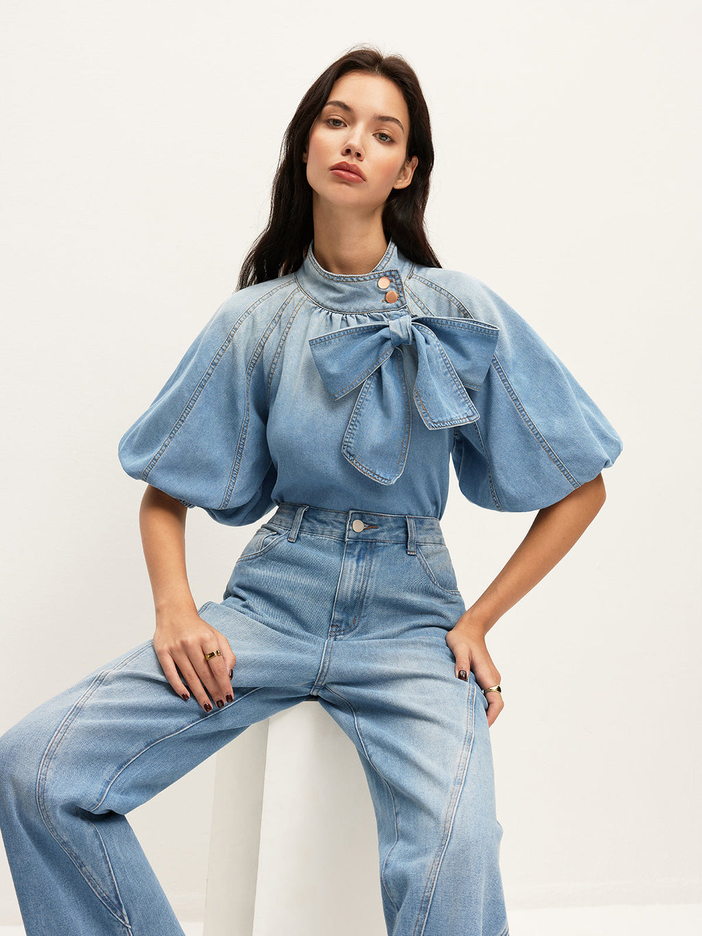 Denim Top with Puff Sleeves and Bow Accent