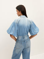Denim Top with Puff Sleeves and Bow Accent